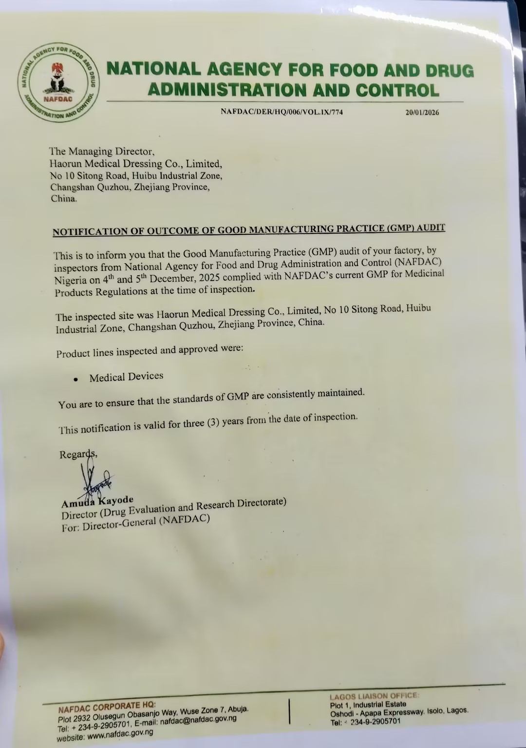 A Haorun Medical Products hivatalosan megkapja a NAFDAC regisztrációs tanúsítványt Nigériában